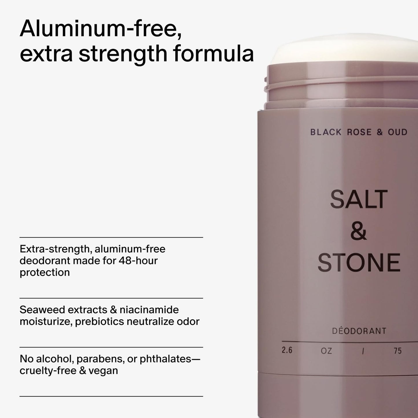 HotSalt & Stone Aluminum-Free Deodorant, Women & Men Black Rose & Oud 2.6 oz | Extra Strength 48 Hour Protection, Gender Neutral Scent, Made with Niacinamide, Spirulina, Magnesium & Antioxidants