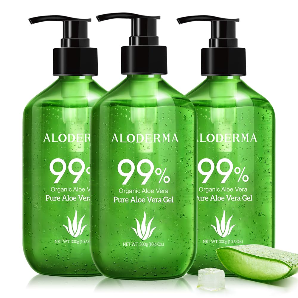 HotAloderma Aloe Vera Gel Made within 12 Hours of Harvest with 99% Pure Organic Aloe Vera - Pump Bottle - Ideal for Face and Body, Soothing & Hydrating Sunburn Relief, Great for Scalp & Hair - 10.6oz