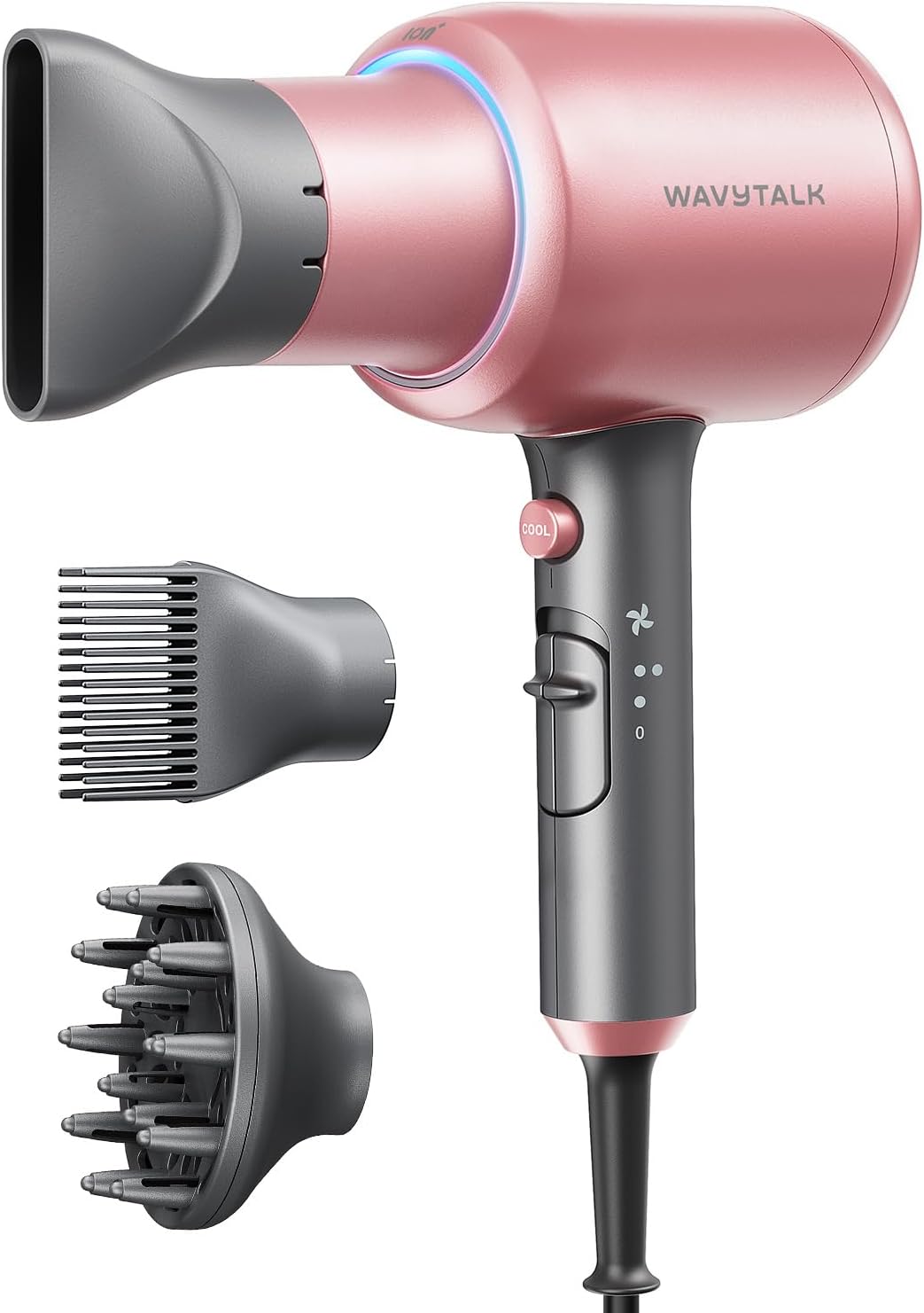 HotWavytalk Hair Dryer, Blown Away Ionic Hair Dryer for Curly Hair with Diffuser, 1875W Fast Drying Blow Dryer with Ceramic Technology, 3 Attachments for All Hair Types, Light and Quiet, Rose Gold