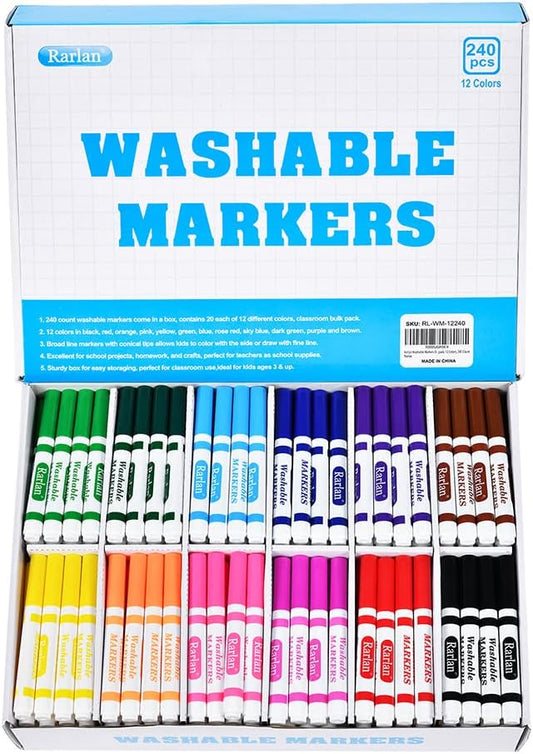 Hot Rarlan Washable Markers Bulk for Kids, Bulk pack, 12 Colors, 240 Count | Broad Line Conical Tip Coloring Markers, Classroom Must Have, School Supplies, Art Supplies & Back to School