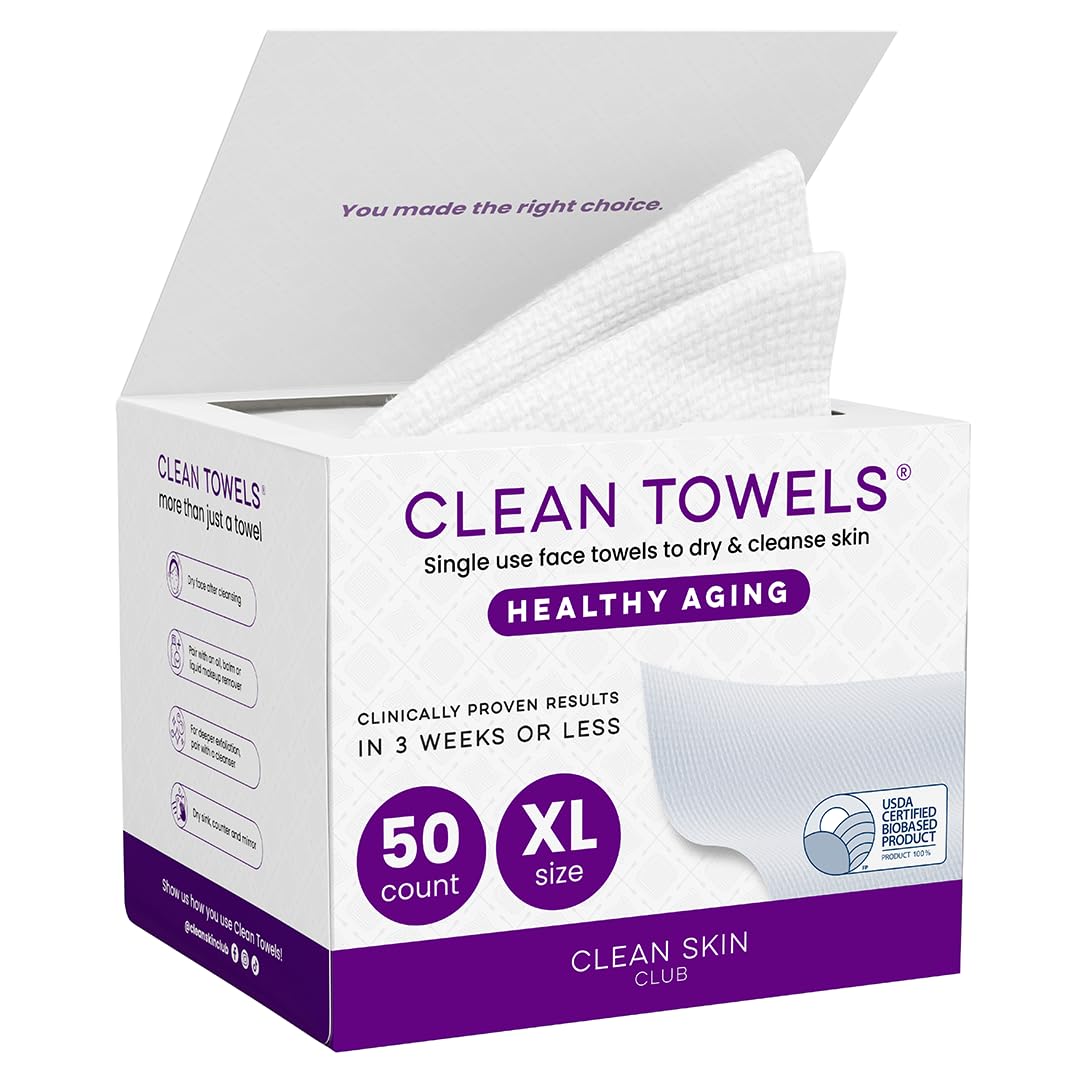 HotReduces Fine Lines and Wrinkles in 6 weeks or Less, CLEAN SKIN CLUB Healthy Aging Clean Towels® XL, Disposable Face Towels, XL - 1 Pack (50 count)