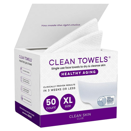 HotReduces Fine Lines and Wrinkles in 6 weeks or Less, CLEAN SKIN CLUB Healthy Aging Clean Towels® XL, Disposable Face Towels, XL - 1 Pack (50 count)