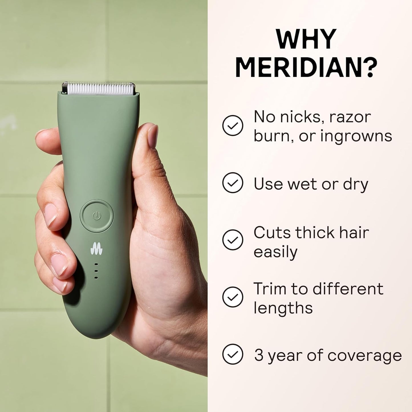 HotMERIDIAN The Trimmer Original - Body Hair Trimmer for Men, Electric Shaver for Pubic Hair, Chest, Legs & Bikini, Waterproof & Rechargeable, Sage
