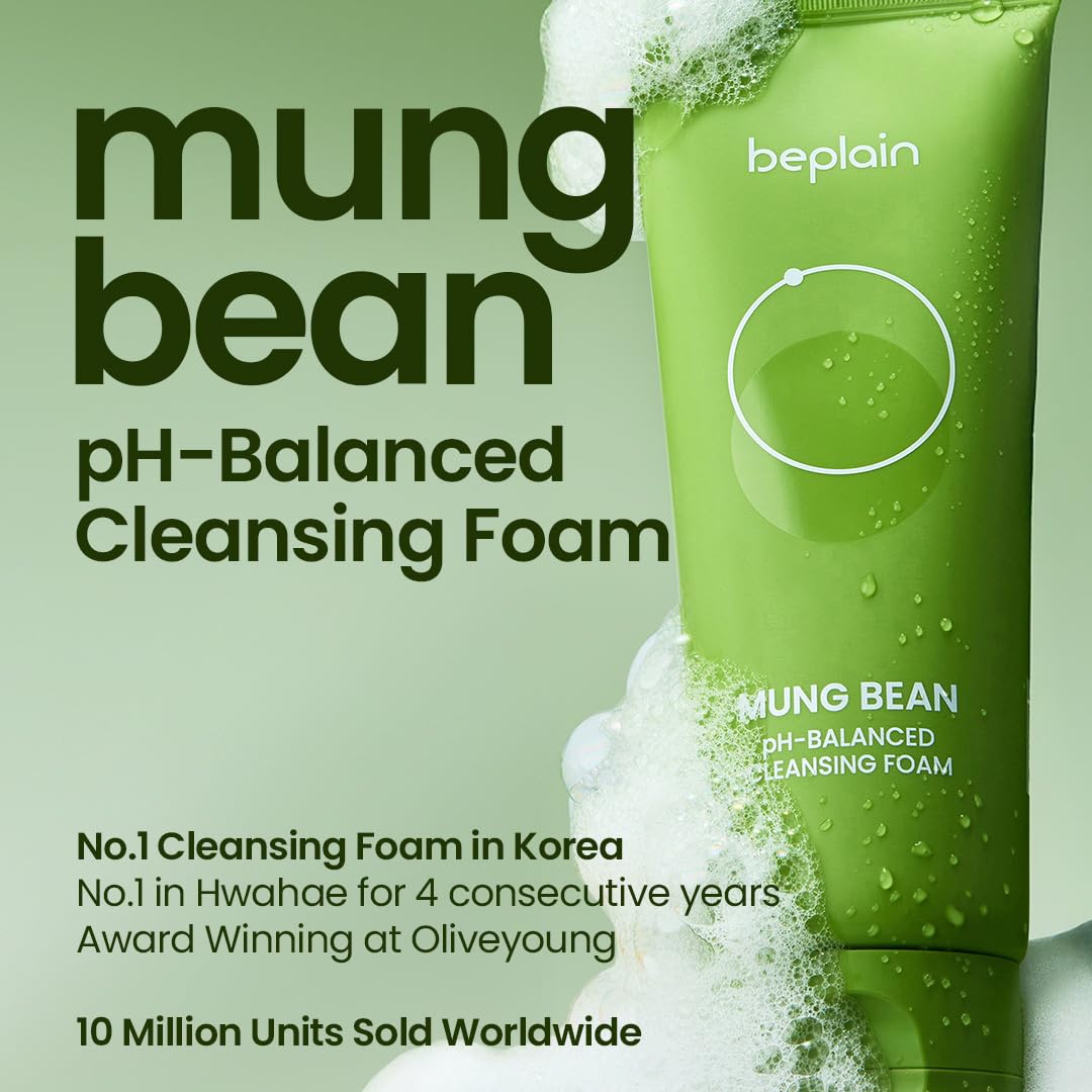 Hotbeplain Mung Bean pH-Balanced Cleansing Foam | Daily Hydrating Vegan Cleanser for Sensitive Skin | Non-Stripping Deep Pore Cleanser | Korean Skincare | 5.4 fl.oz