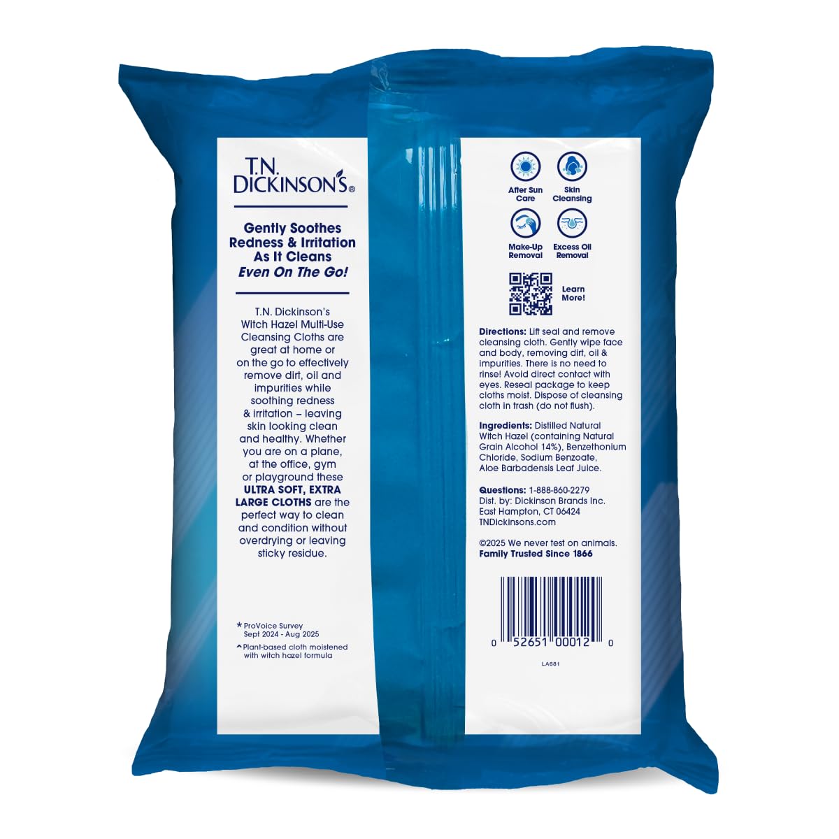 HotT.N. Dickinson's Witch Hazel Soothing MultiUse Cleansing Cloth, 4 Pack, 25 Cloths Per Pack,white