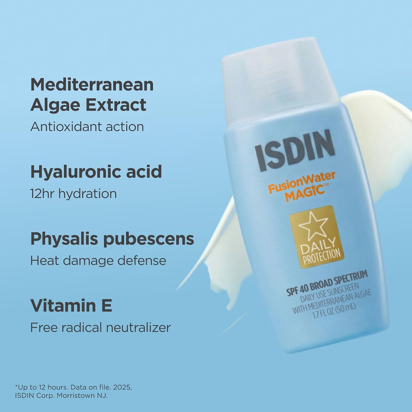 HotISDIN Fusion Water MAGIC SPF 40, Lightweight Sunscreen For Face with Hyaluronic Acid and Vitamin E, Ideal for Daily Use, Dermatologist Recommended, Fast Absorbing and Non-Comedogenic