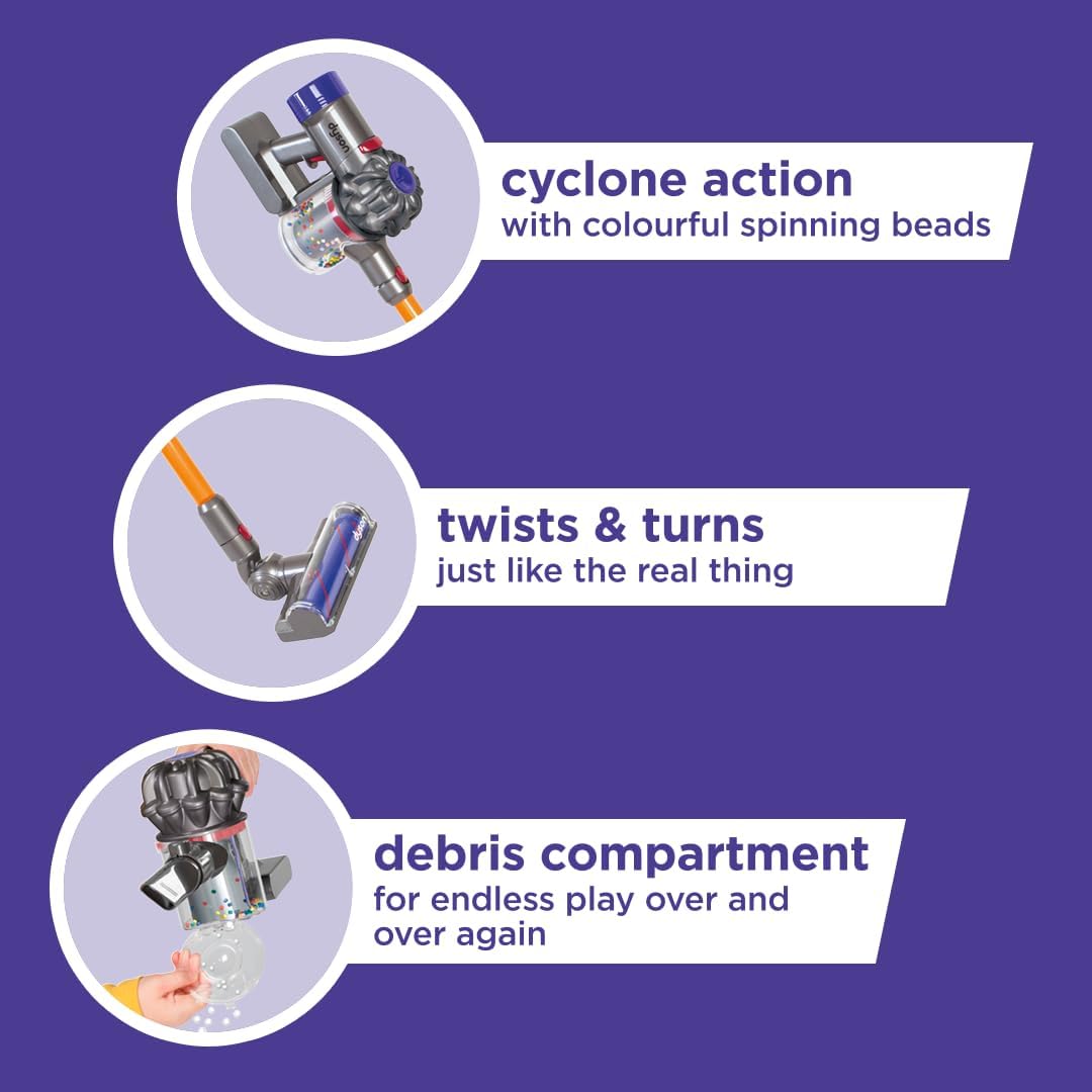 HotCasdon Dyson Cordless Vacuum Interactive & Officially Licensed Toy Dyson Vacuum for Children Aged 3+ Realistic Role-Play Fun, Purple and Orange