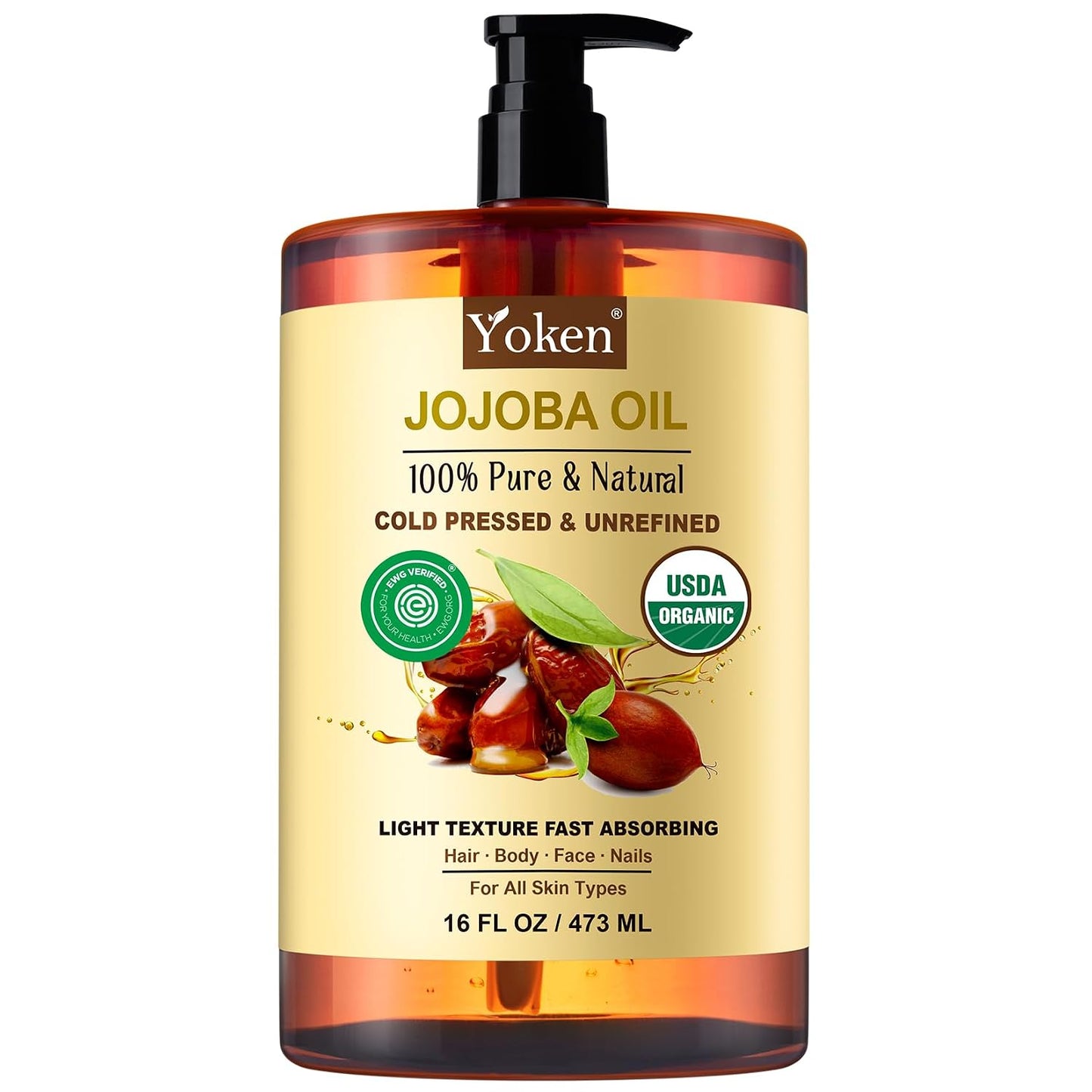 HotYoken Organic Jojoba Oil 16oz, USDA Certified Cold Pressed for Skin Care | Cold Pressed Body Oil Women After Shower Unscented Carrier Massage Moisturizer Hydrating Nourishing Essential Mixing