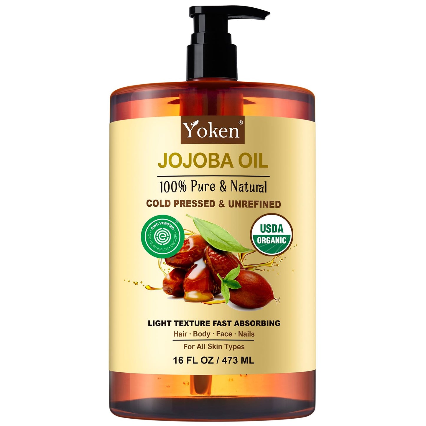 HotYoken Organic Jojoba Oil 16oz, USDA Certified Cold Pressed for Skin Care | Cold Pressed Body Oil Women After Shower Unscented Carrier Massage Moisturizer Hydrating Nourishing Essential Mixing