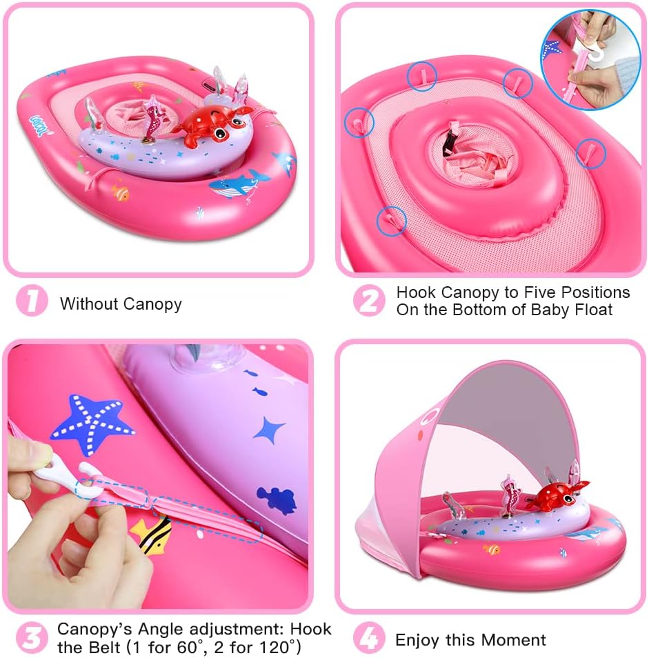 Hot LAYCOL Baby Pool Float with Canopy UPF50+, 120°Adjustable Sun Protection and Anti-Tip Safety Seat, Inflatable Toddler Floaties Infant Pool Float with Animal Pool Toys, Baby Beach Essentials for 6-36M