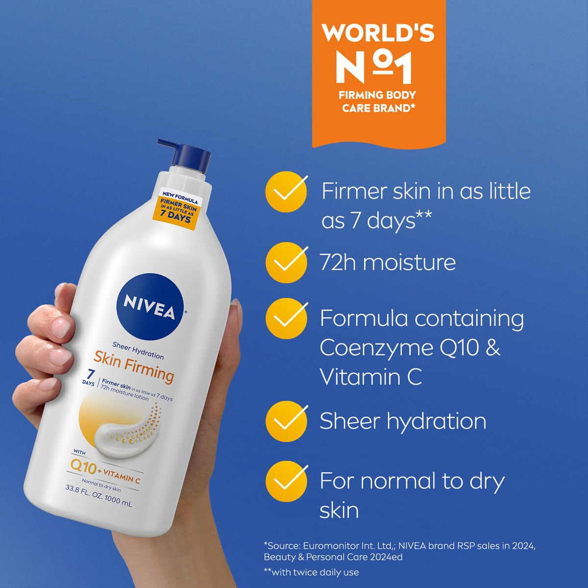 HotNIVEA Sheer Hydration Skin Firming Body Lotion with Q10 and Vitamin C, 72-Hour Body Moisturizer for Normal to Dry Skin, 33.8 Fl Oz Value Size Pump Bottle