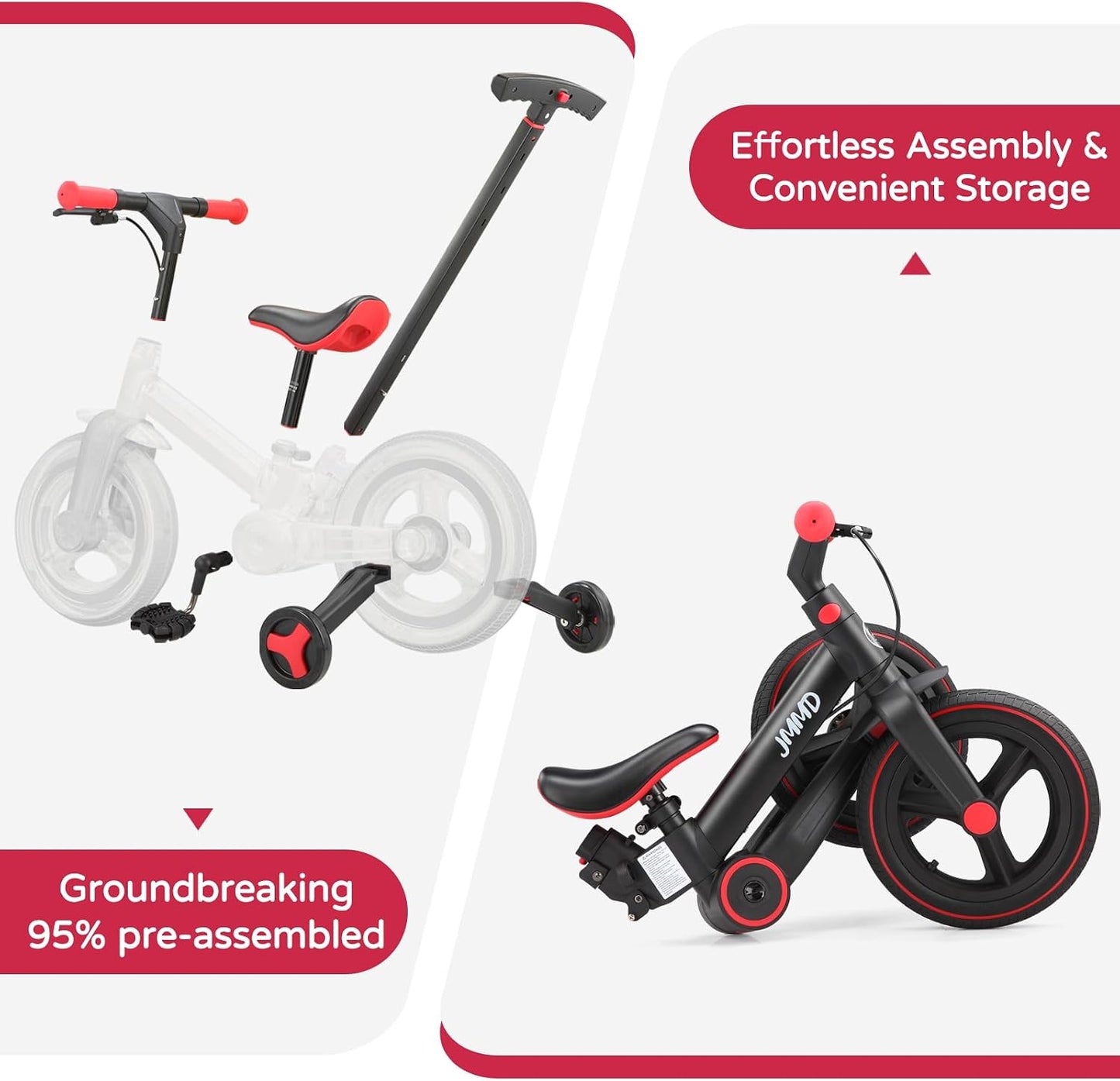 Hot JMMD 6 in 1 Toddler Bike with Push Handle for Kids 18-60 Months, 12" Foldable Balance Bike with Training Wheels, Pedals, Brakes, Kickstand, Push Tricycle Toddler Gift & Toys for Boy & Girl