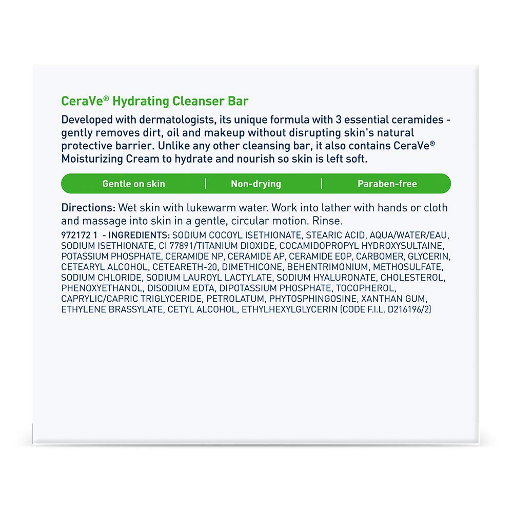 HotCeraVe Hydrating Cleanser Bar, Soap-Free Body and Facial Cleanser with 5% Moisturizing Cream, Fragrance-Free, 2-Pack, 4.5 Ounce Each