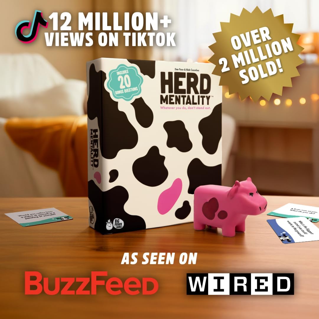 HotHerd Mentality Udderly Funny Family Board Game, Ages 10+ | Think the Same to Win, Easy & Fun for Big Groups, 4-20 Players, Kids & Adults, Dodge the Pink Cow, Summer Camp Games