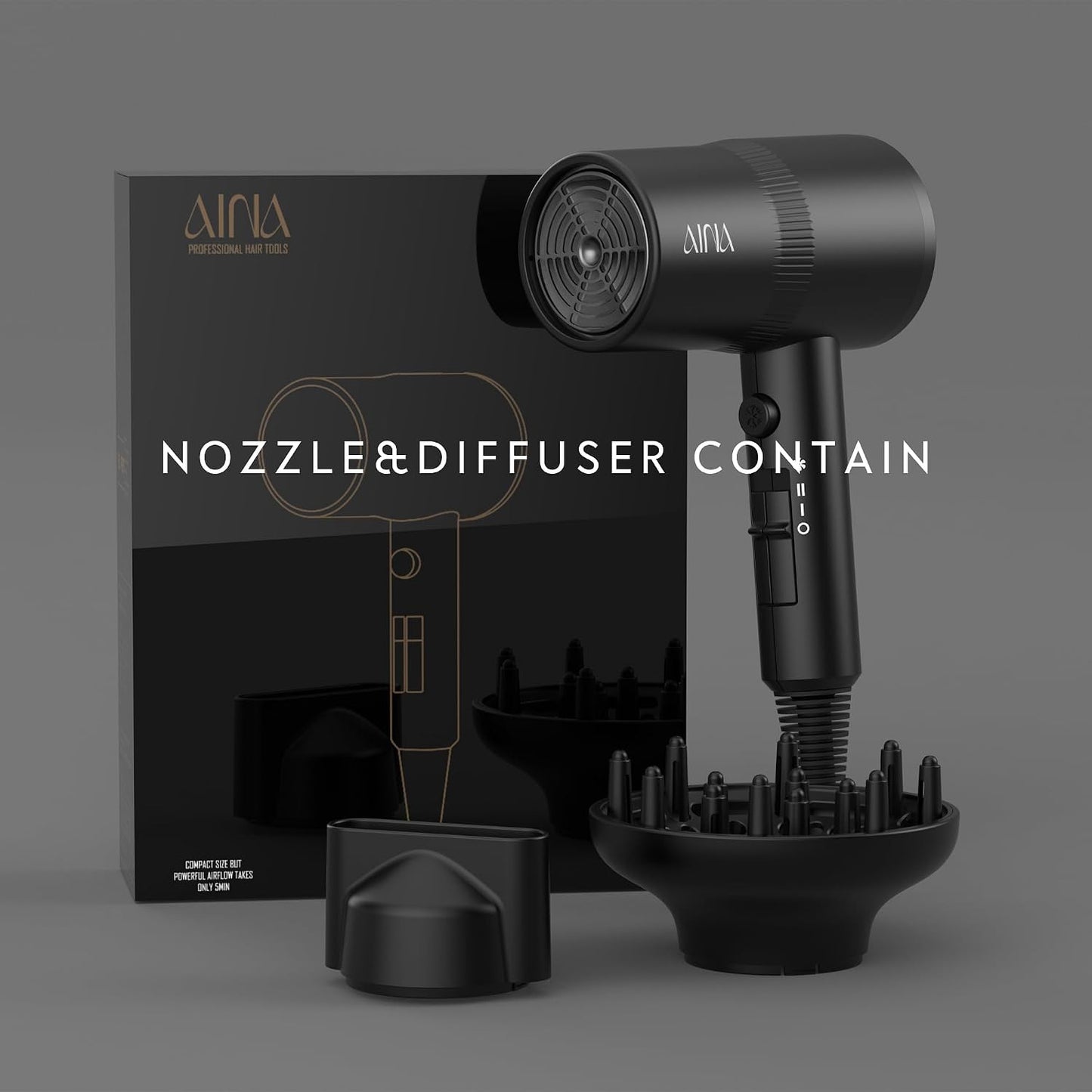 HotAINA Diffuser Hair Dryer Full-Featured Blow Dryer 110V/1600W(Vader Black) | 3 Heat/2 Speed|Cold shut button|Lightweight|Compact Size|High Temp|Low Airflow|Same Results|Less Expense