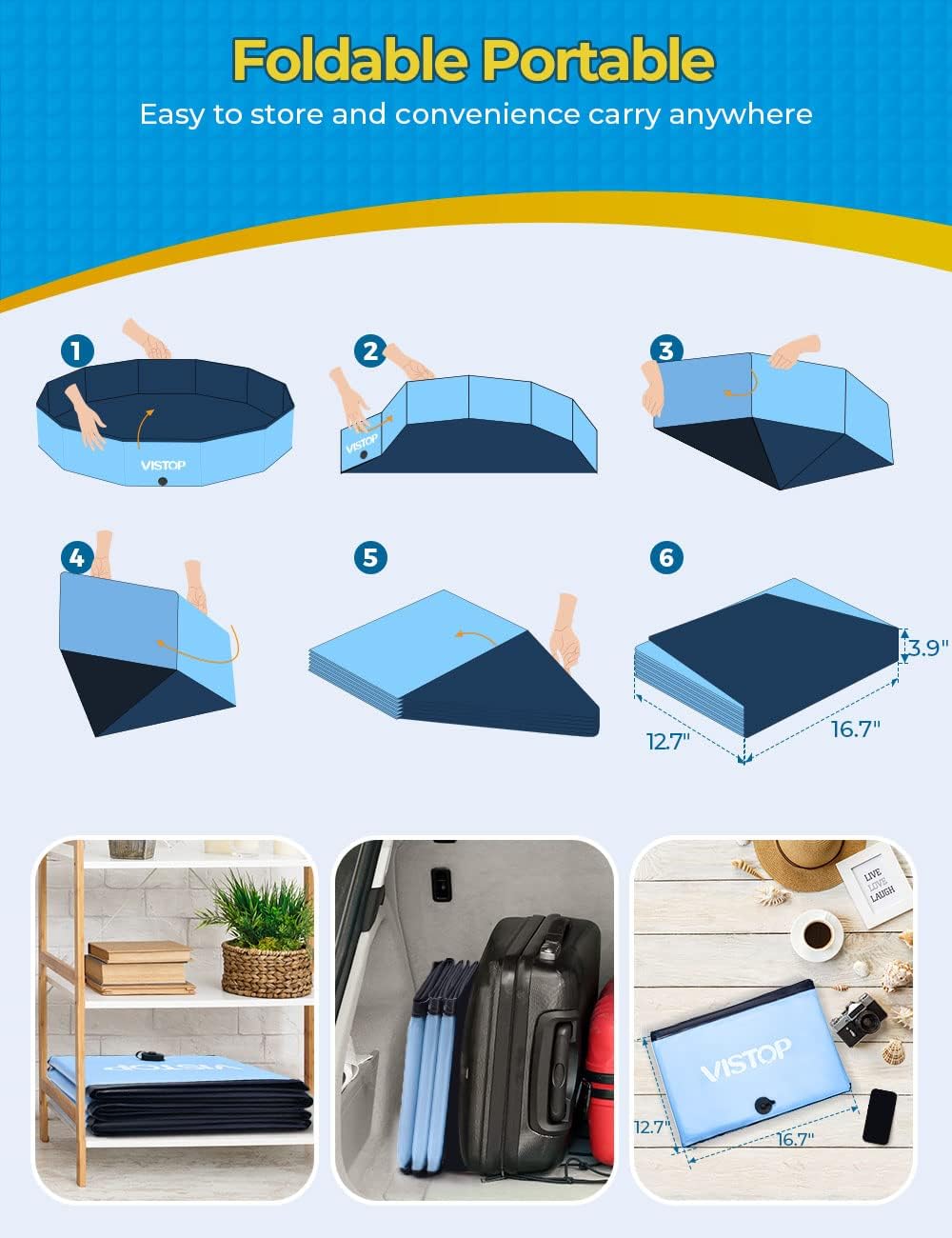 Hot VISTOP Extra Large Foldable Dog Pool XXL, Hard Plastic Shell Portable Swimming Pool for Dogs Cats and Kids Pet Puppy Bathing Tub Collapsible Kiddie Pool (67inch.D x 11.8inch.H, Blue)