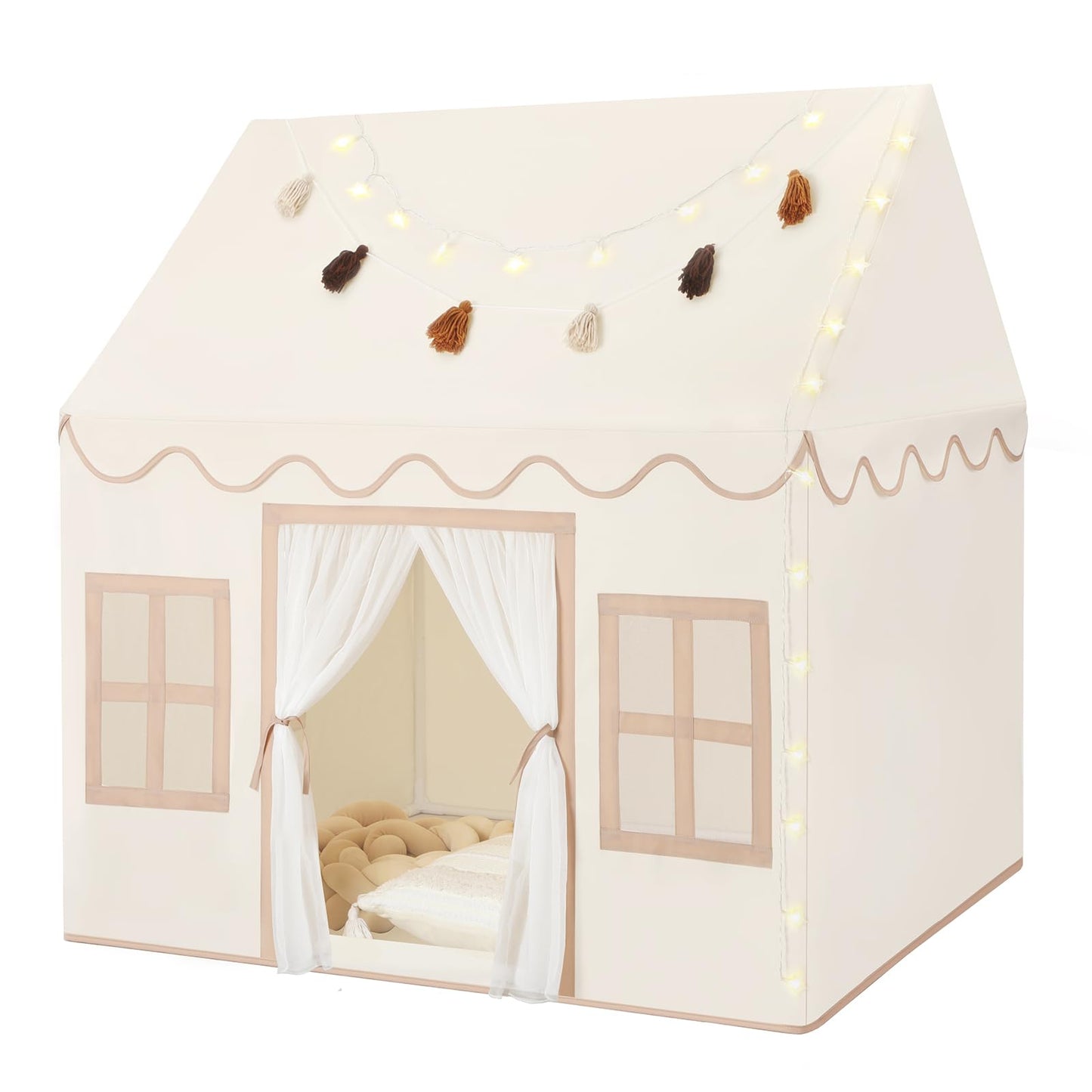 HotKids Play Tent Indoor: with Mat, Tassel Garland - Large Gray Kids Tent Indoor Playhouse for Kids Toys for Boy Girl Birthday Gift