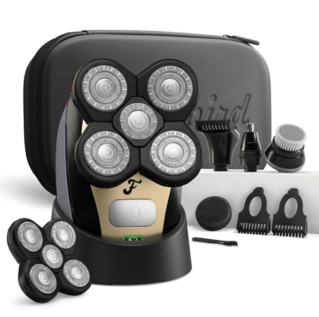 HotFreebird FlexSeries Electric Head & Body Hair Shaver - Mens Cordless Rechargeable Wet/Dry Skull Bald Head Back & Groin Waterproof Razor with Rotary Blades, Clippers, Nose Trimmer, Brush, Massager