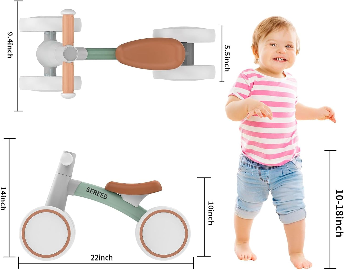 HotSEREED Baby Balance Bike for 1 Year Old Boys Girls 12-24 Month Toddler Balance Bike, 4 Wheels Toddler First Bike, First Birthday Gifts