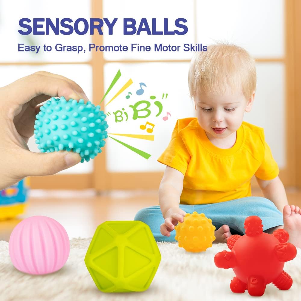 HotJyusmile Baby Toys 6-12 Months, Montessori Toy for Babies 6-12 Months, Incl Stacking Building Blocks & Soft Infant Teething Toys & Sensory Balls for Toddlers 0-3-6-9-12 Month