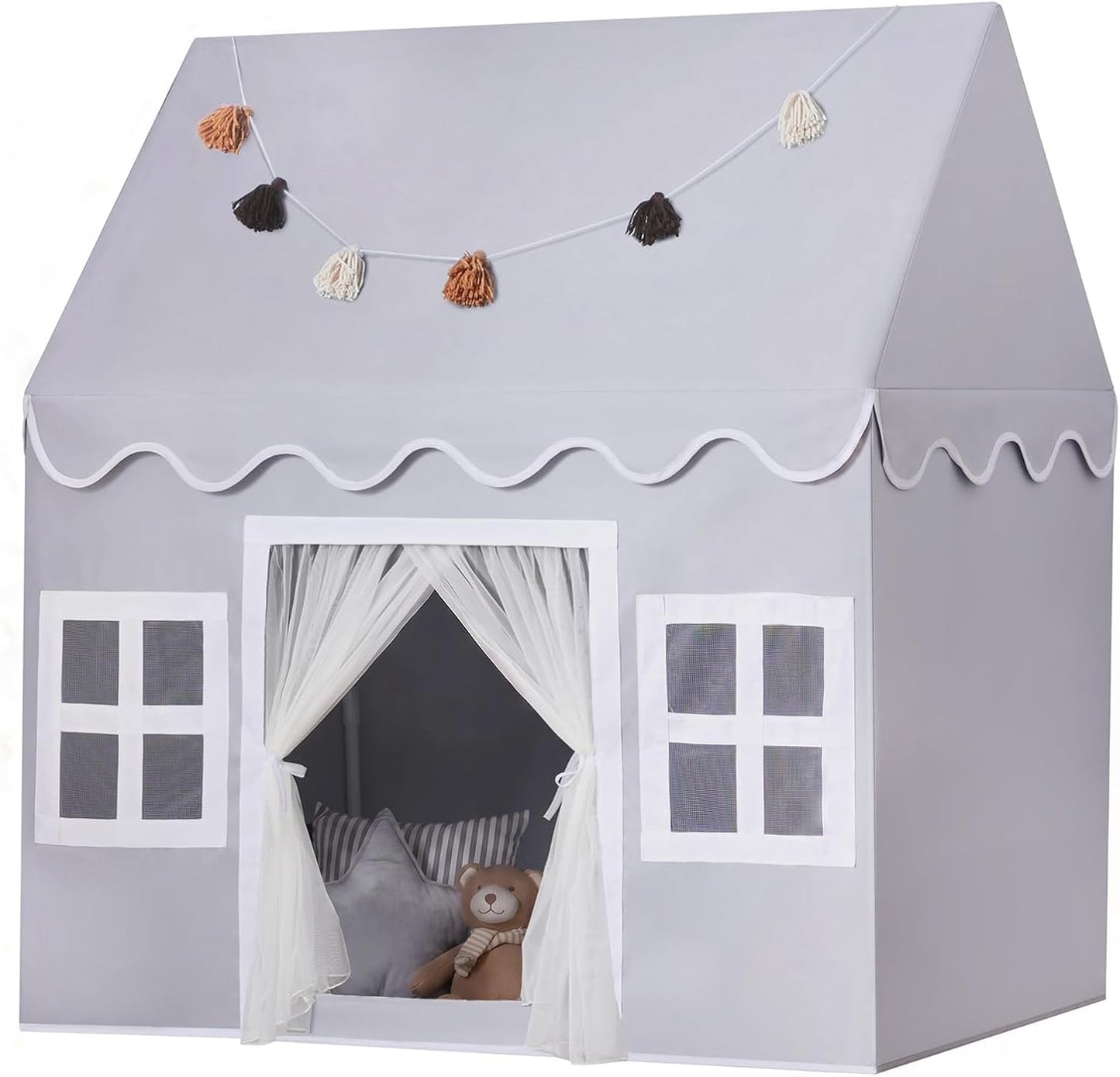 HotKids Play Tent Indoor: with Mat, Tassel Garland - Large Gray Kids Tent Indoor Playhouse for Kids Toys for Boy Girl Birthday Gift