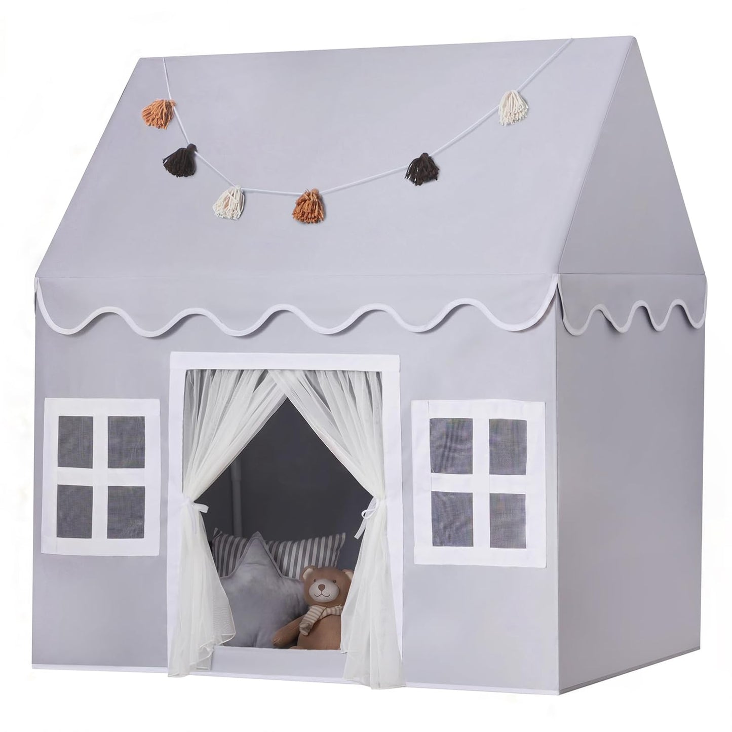 HotKids Play Tent Indoor: with Mat, Tassel Garland - Large Gray Kids Tent Indoor Playhouse for Kids Toys for Boy Girl Birthday Gift