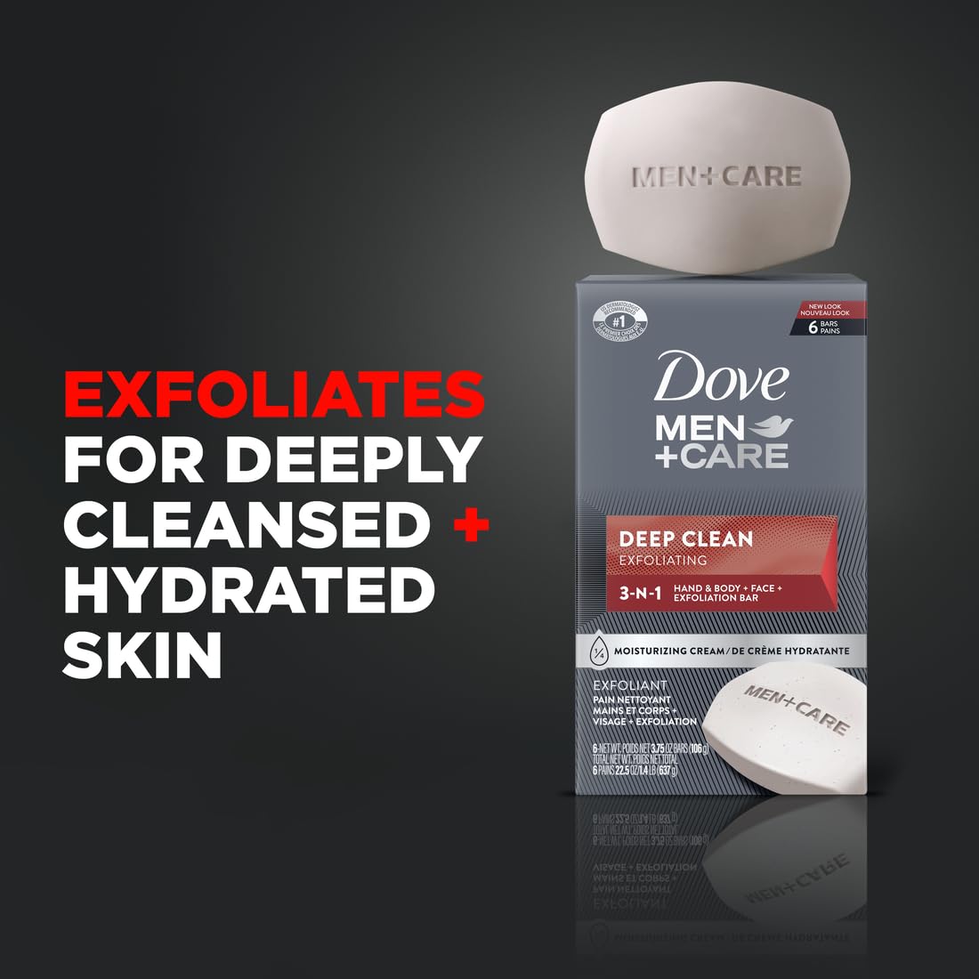 HotDove Men + Care Deep Clean Body + Face Bars, Purifying Grains, 3.75 oz, 6 Ct