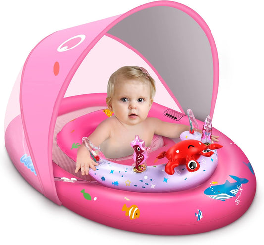 Hot LAYCOL Baby Pool Float with Canopy UPF50+, 120°Adjustable Sun Protection and Anti-Tip Safety Seat, Inflatable Toddler Floaties Infant Pool Float with Animal Pool Toys, Baby Beach Essentials for 6-36M