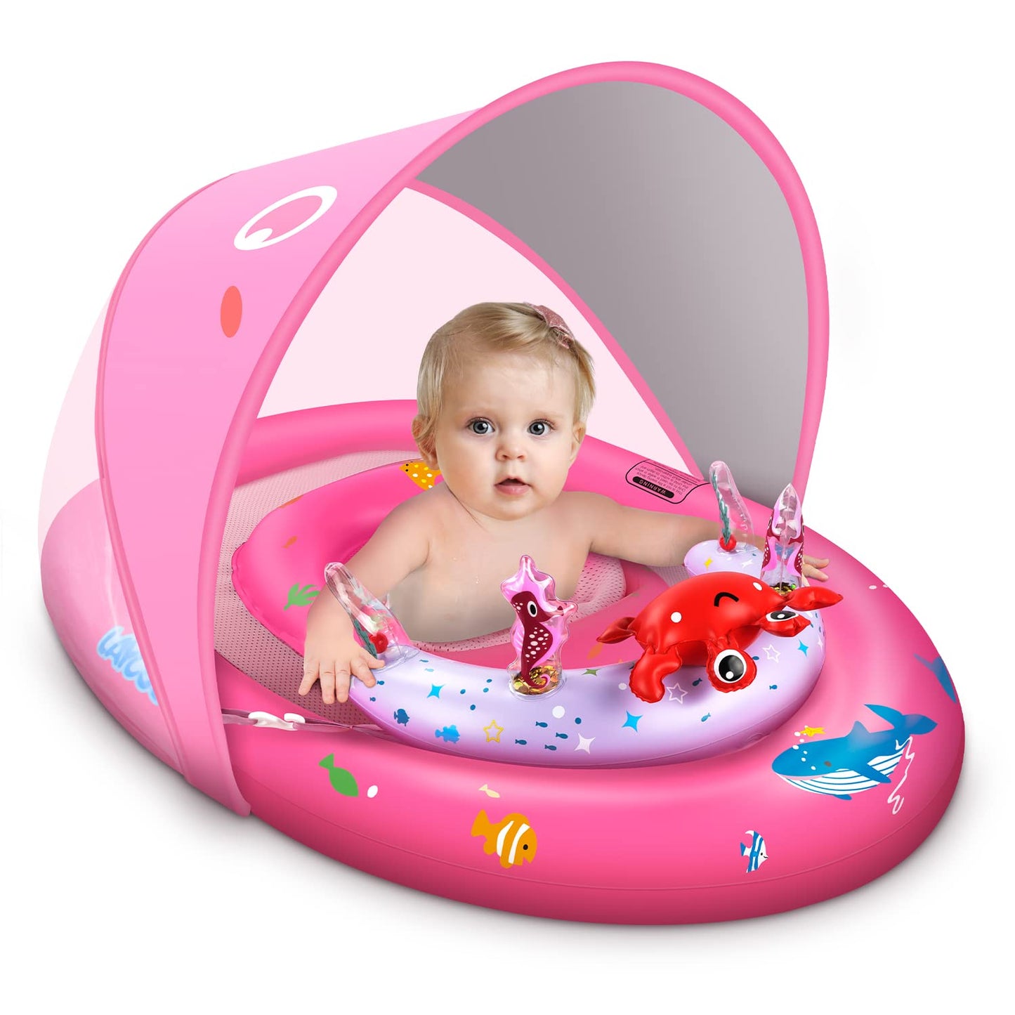 Hot LAYCOL Baby Pool Float with Canopy UPF50+, 120°Adjustable Sun Protection and Anti-Tip Safety Seat, Inflatable Toddler Floaties Infant Pool Float with Animal Pool Toys, Baby Beach Essentials for 6-36M