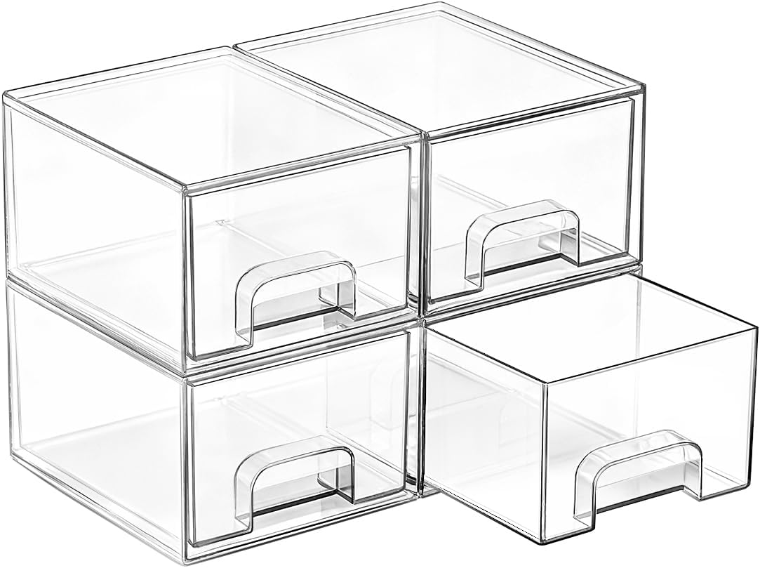 HotVtopmart 4 Pack Small Clear Stackable Storage Drawers,Acrylic Bathroom Makeup Organizer,Plastic Storage Bins for Vanity, Undersink, Kitchen Cabinets, Pantry, Home Organization