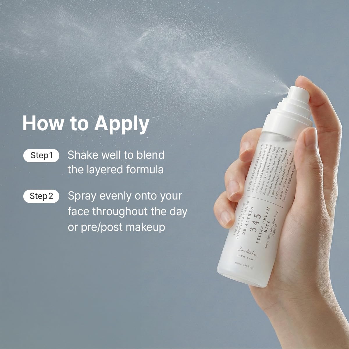 HotDr.Althea 345 Relief Cream Mist, Korean Vegan Skin Care, 3.38 Fl Oz | Insant Hydration, Calming Skin Irritation with Hyaluronic Acid, Panthenol, Centella Asiatica Leaf Water, Madecassoside