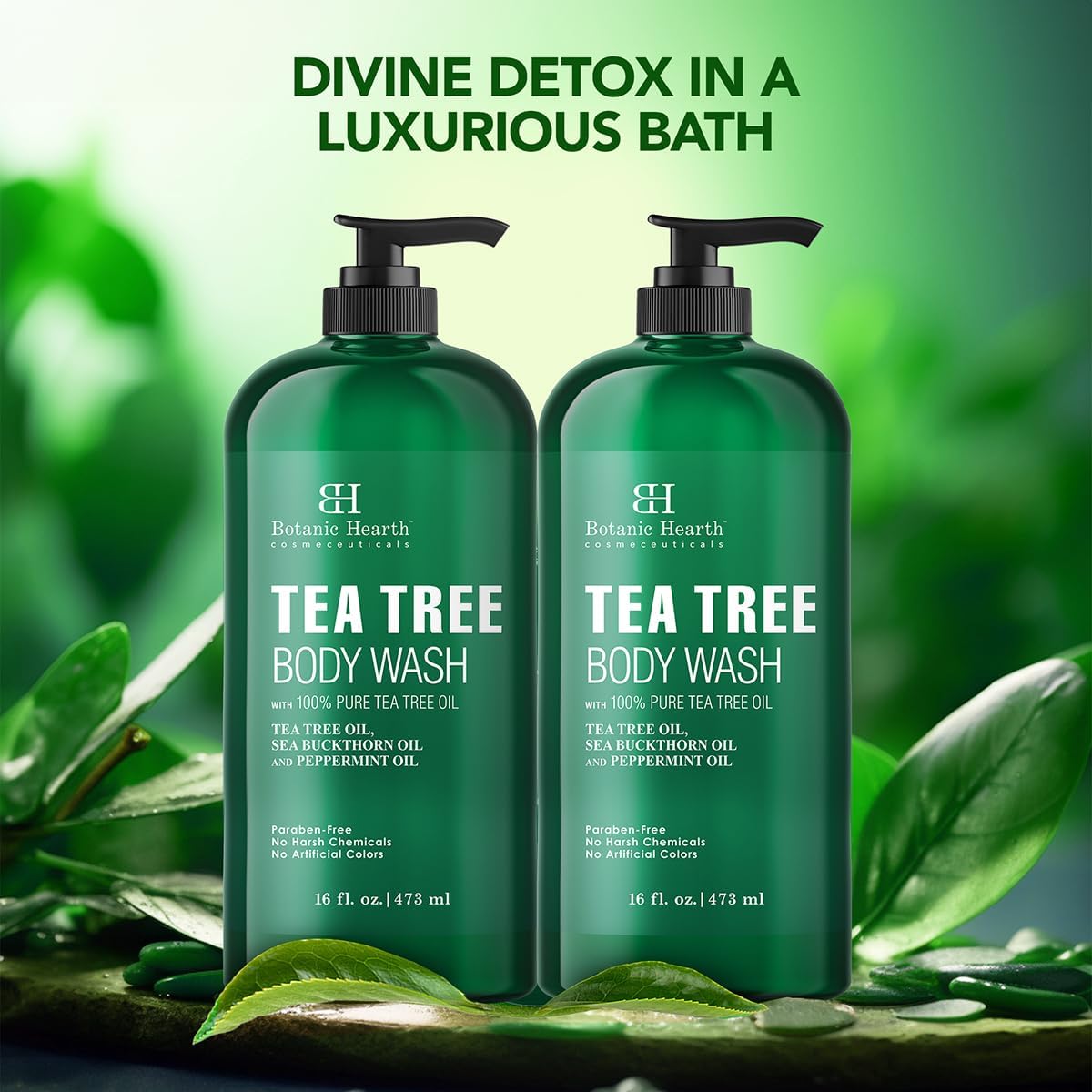 HotBotanic Hearth Tea Tree Body Wash, 16 Fl Oz (473 ml) Pack of 2 | With Tea Tree Oil, Peppermint & Sea Buckthorn | Gently Cleanses, Refreshes & Nourishes Skin | Sulfate & Paraben Free | For Men & Women