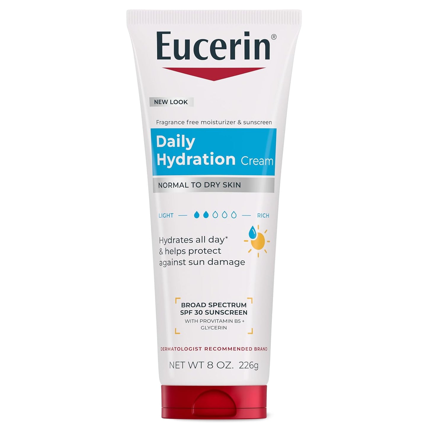 HotEucerin Daily Hydration Broad Spectrum SPF 30 Sunscreen Body Cream for Dry Skin, Fragrance Free Sunscreen Moisturizer, 8 Oz Tube