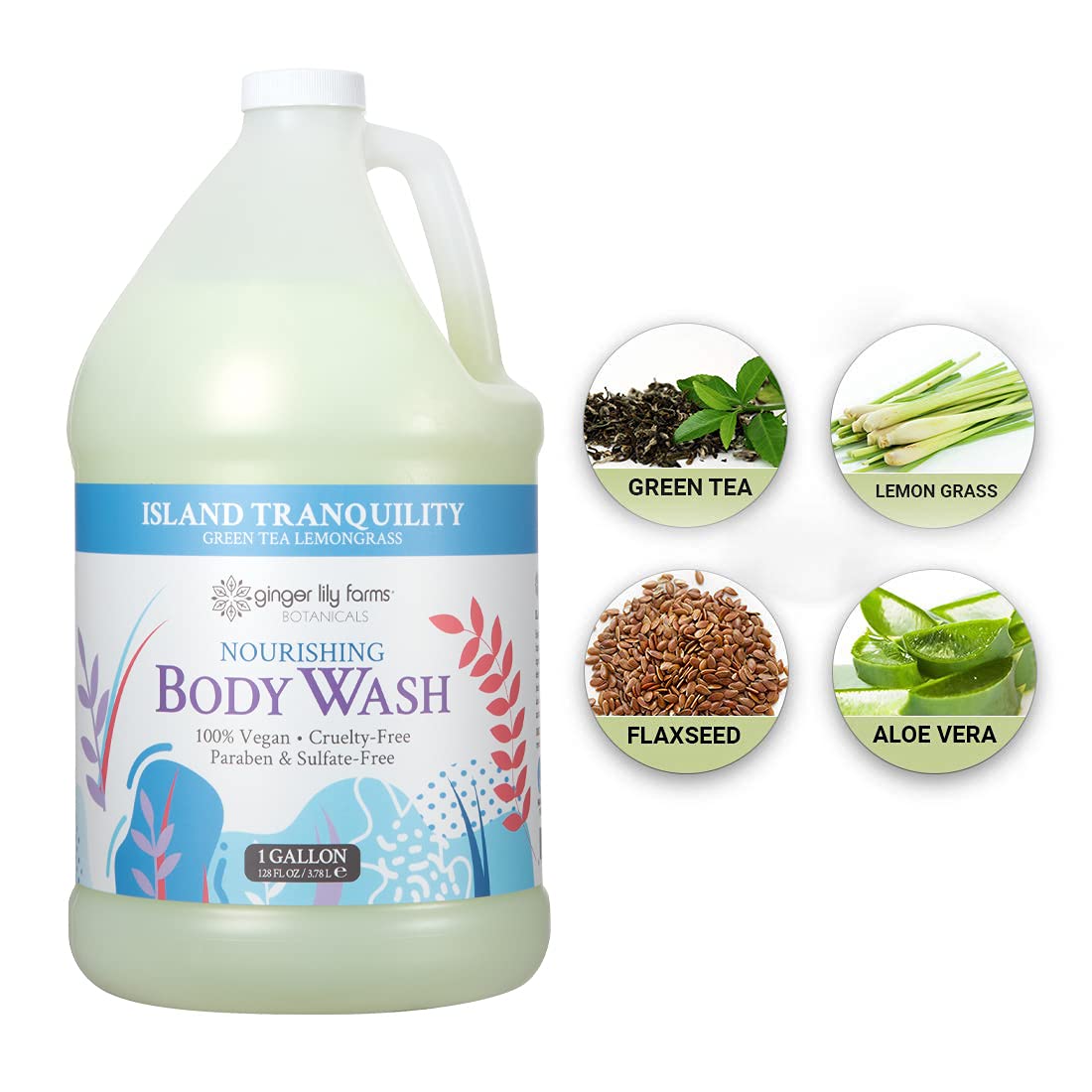 HotGinger Lily Farms Botanicals Nourishing Body Wash, Island Tranquility, 100% Vegan & Cruelty-Free, Green Tea Lemongrass Scent, 1 Gallon Refill (128 fl. oz.)