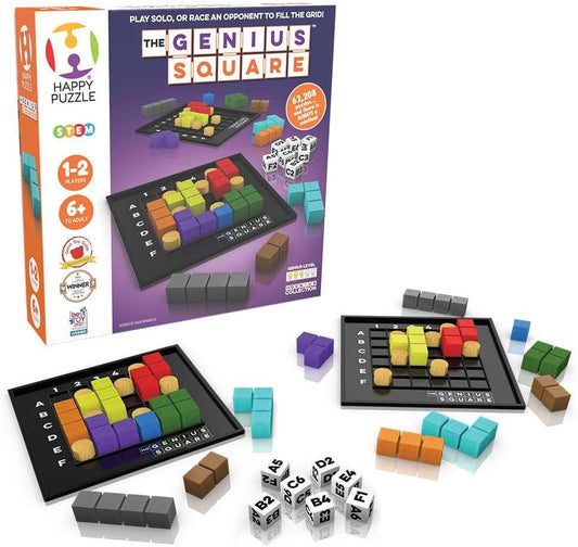 Hot The Genius Square from the Happy Puzzle Company | Game of the Year Award Winner | 60000+ Solutions | STEM Puzzle Game for 1-2 Players | Ages 6 - Adult | Roll the dice and Race to Fill the Grid!