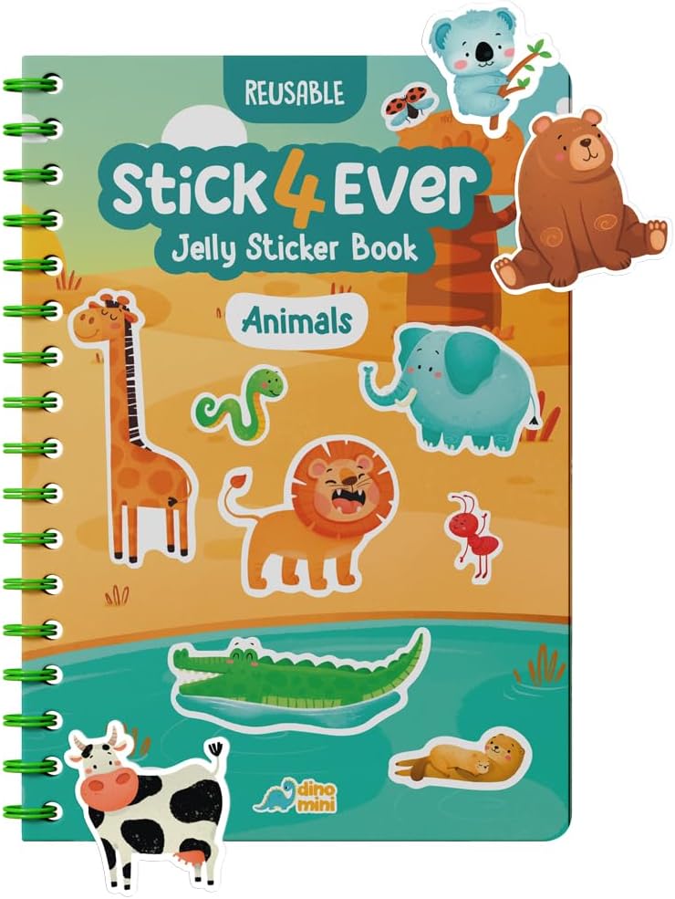 HotStick4Ever Jelly Sticker Book® - for Kids - Waterproof, Easy to Clean Reusable Sticker Book for Toddlers- Reusable Road Trip Activities for Kids - Stocking Stuffers for Toddlers (Animals)