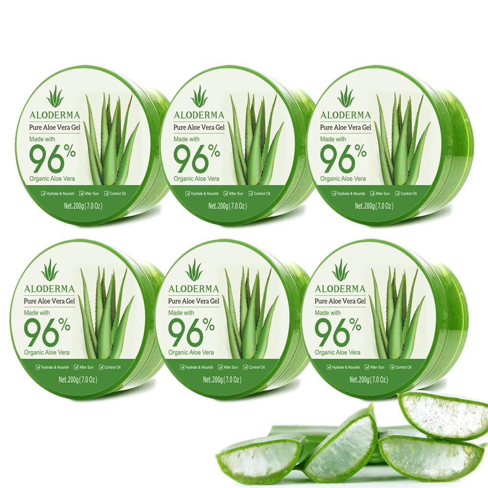 HotAloderma Aloe Vera Gel Made within 12 Hours of Harvest with 96% Pure Organic Aloe Vera for Skin, Scalp, & Hair, Soothing Aloe Face Moisturizer, Multipurpose, Hydrating Aloe Gel, 7.05oz