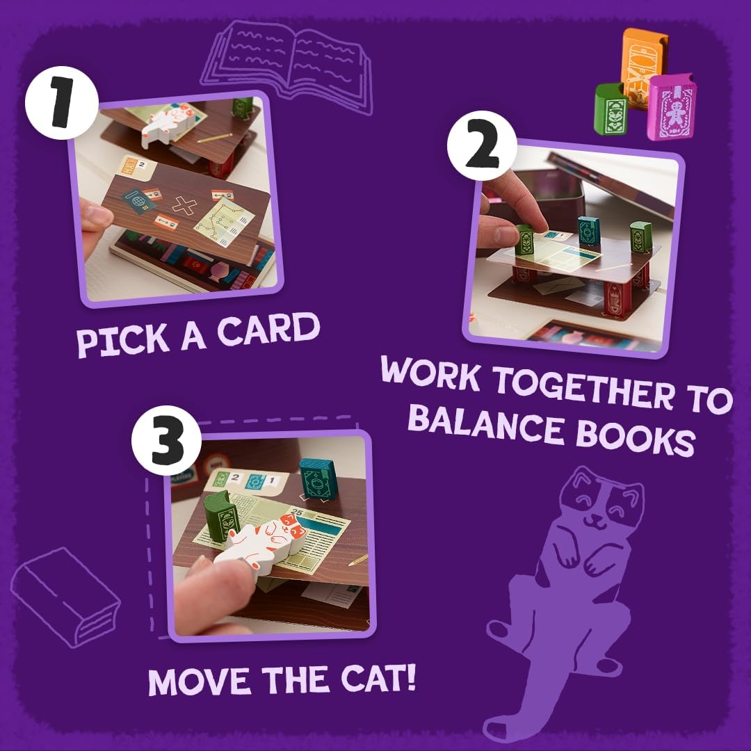 Hot Bookshelf by Alley Cat Games | Ages 8+ | 2-4 Players | Cooperative Stacking Game | Skill & Balance Card and Book Tower Game in Travel Tin | Cooperative Tabletop Challenge