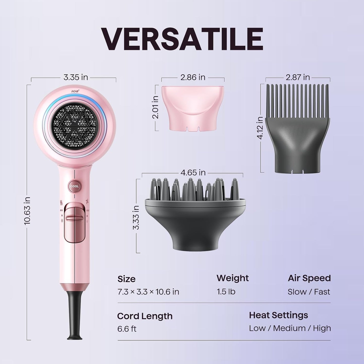 HotWavytalk Blown Away Ionic Hair Dryer with Diffuser for Curly Hair | 1875W Fast Drying, 3 Attachments for All Hair Types, Ceramic Healthy Shine, Lightweight & Quiet (Pink)