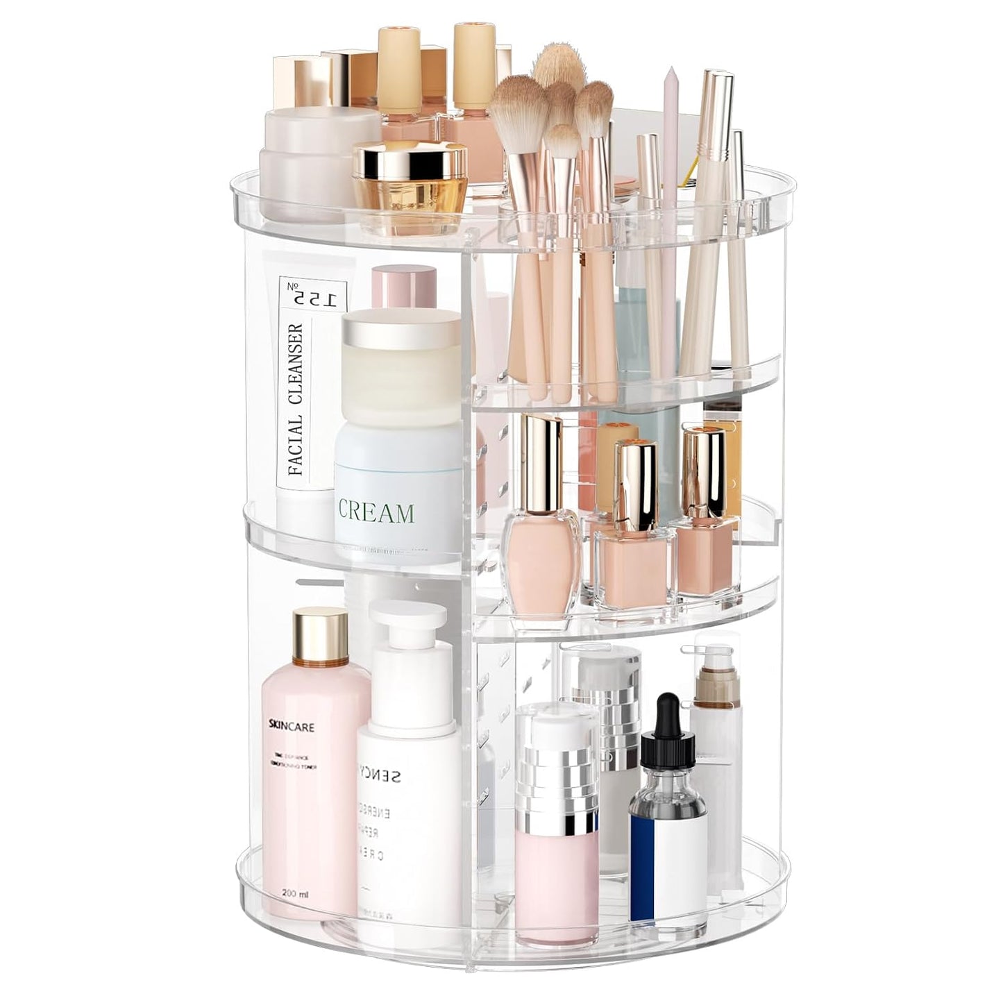 HotRotating Makeup Organizer, DIY 8 Adjustable Layers Spinning Skincare Storage, Cosmetic Display Case with Brush Holder and Perfume Tray, Multi-Function Vanity Bathroom Countertop Organizer Clear