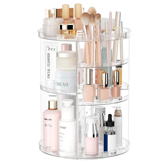 HotRotating Makeup Organizer, DIY 8 Adjustable Layers Spinning Skincare Storage, Cosmetic Display Case with Brush Holder and Perfume Tray, Multi-Function Vanity Bathroom Countertop Organizer Clear