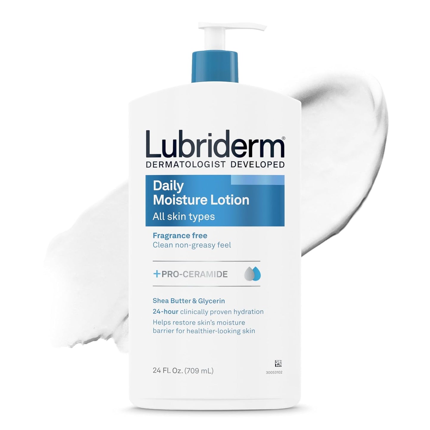 HotLubriderm Fragrance Free Daily Moisture Body Lotion + Pro-Ceramide, Unscented Lotion, Body Lotion for Dry Skin, Shea Butter, Glycerin, Non-Greasy 24-Hour Moisturizer, Paraben & Dye Free, 24 Fl Oz