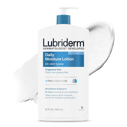 HotLubriderm Fragrance Free Daily Moisture Body Lotion + Pro-Ceramide, Unscented Lotion, Body Lotion for Dry Skin, Shea Butter, Glycerin, Non-Greasy 24-Hour Moisturizer, Paraben & Dye Free, 24 Fl Oz