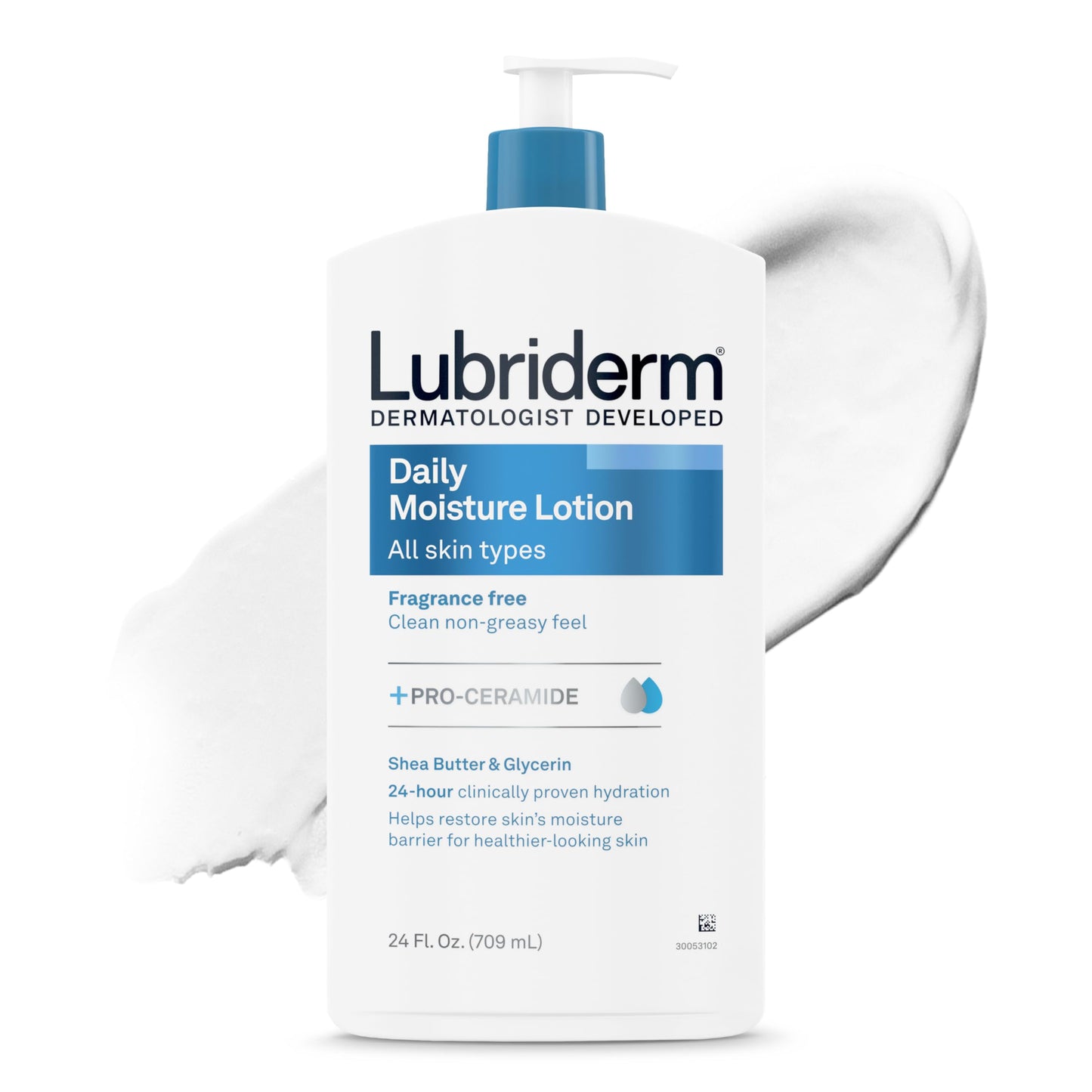 HotLubriderm Fragrance Free Daily Moisture Body Lotion + Pro-Ceramide, Unscented Lotion, Body Lotion for Dry Skin, Shea Butter, Glycerin, Non-Greasy 24-Hour Moisturizer, Paraben & Dye Free, 24 Fl Oz