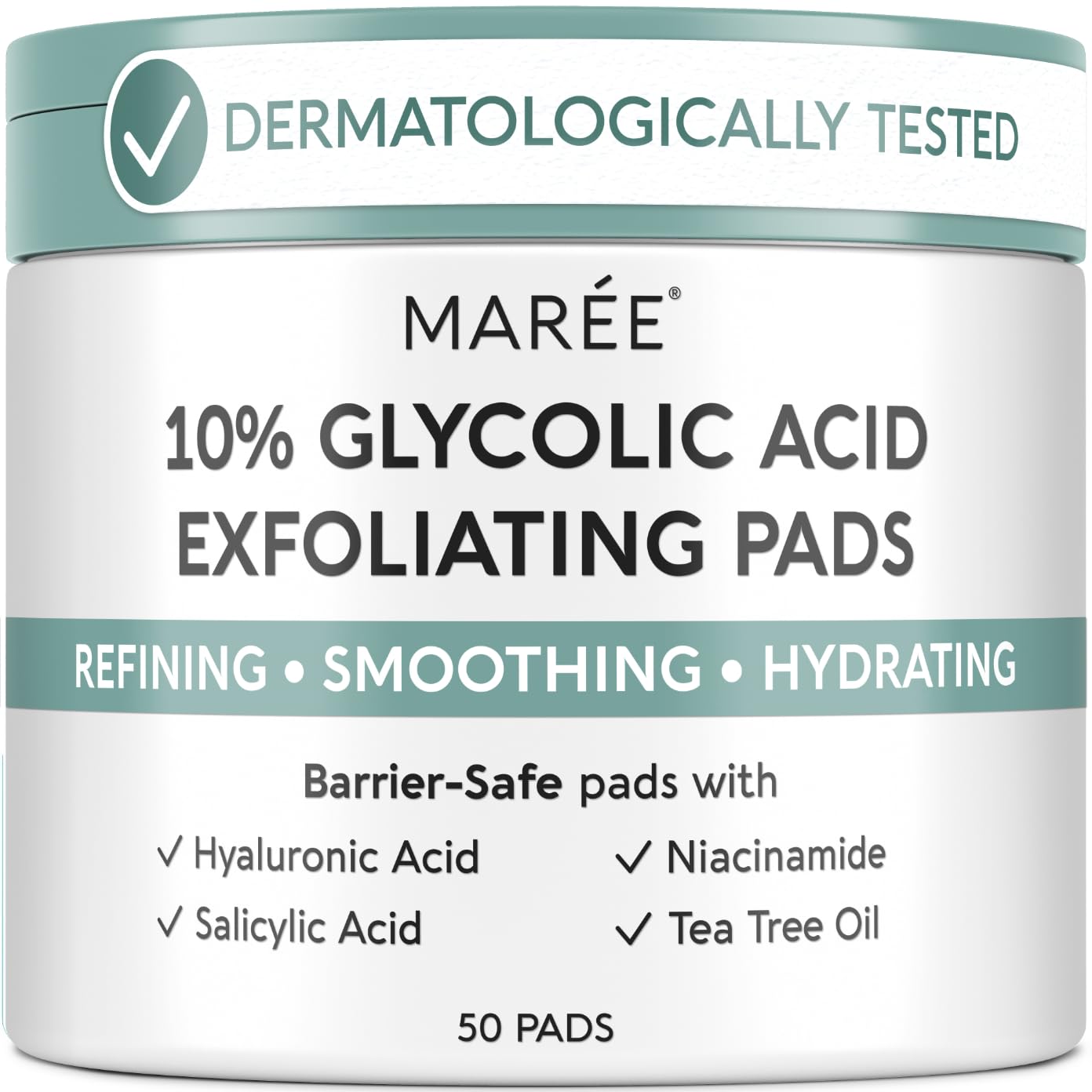 HotMAREE Glycolic Acid Pads - Toner Pads for Face Cleansing - Exfoliating Pad with Tea Tree Oil, Salicylic Acid & Vitamins E, B3, B5 - Facial Polishes & Peels, Skin Pore Resurfacing & Radiance - 50 Count