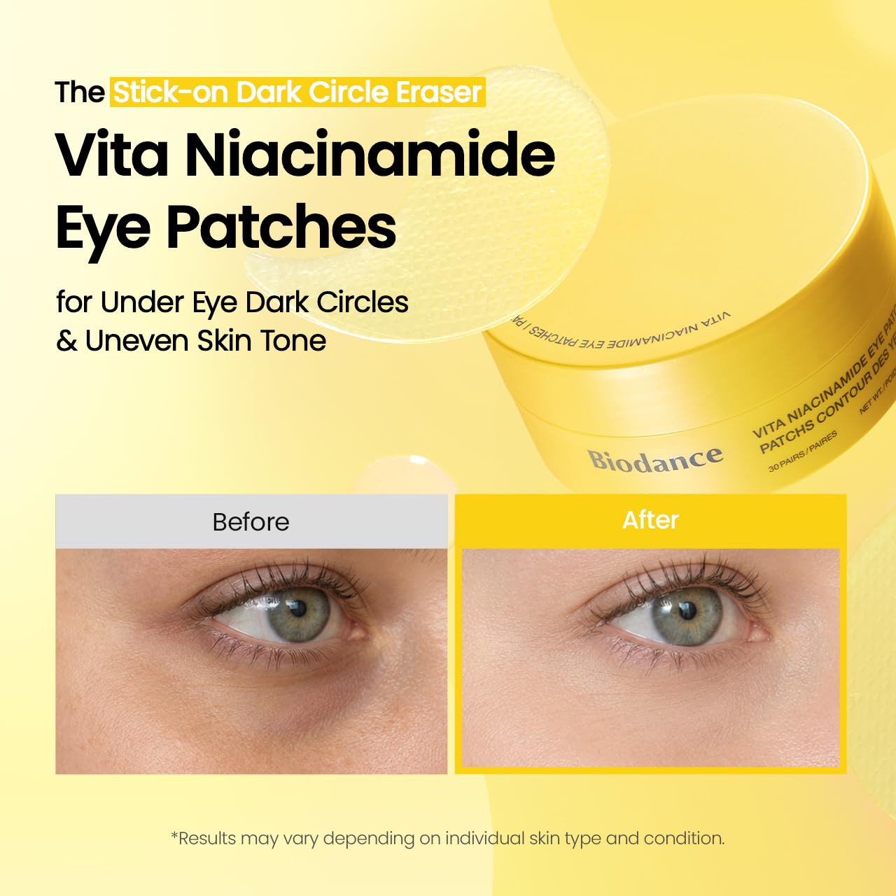 HotBIODANCE Vita Niacinamide Eye Patches, Dark Circles & Dull Spot Patches for Face, Under Eye Mask for Uneven Skin Tone, Travel Essentials & Self Care Gifts for Women, Korean Skin Care (60 Count)