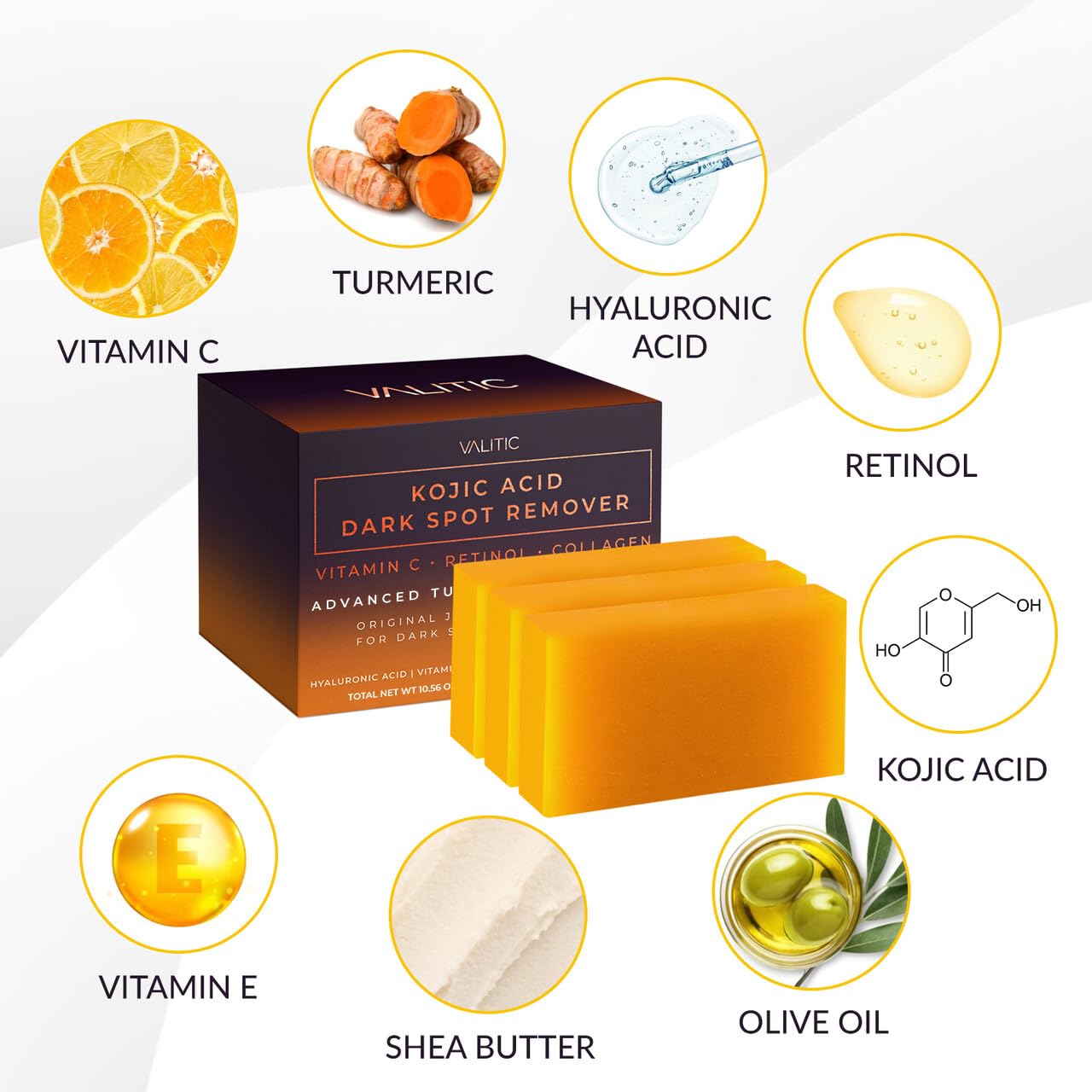 HotValitic Kojic Acid Dark Spot Remover Soap Bars with Vitamin C, Retinol, Collagen, Turmeric - Original Japanese Complex Infused with Hyaluronic Acid, Vitamin E, Shea Butter, Castile Olive Oil (3 Pack)