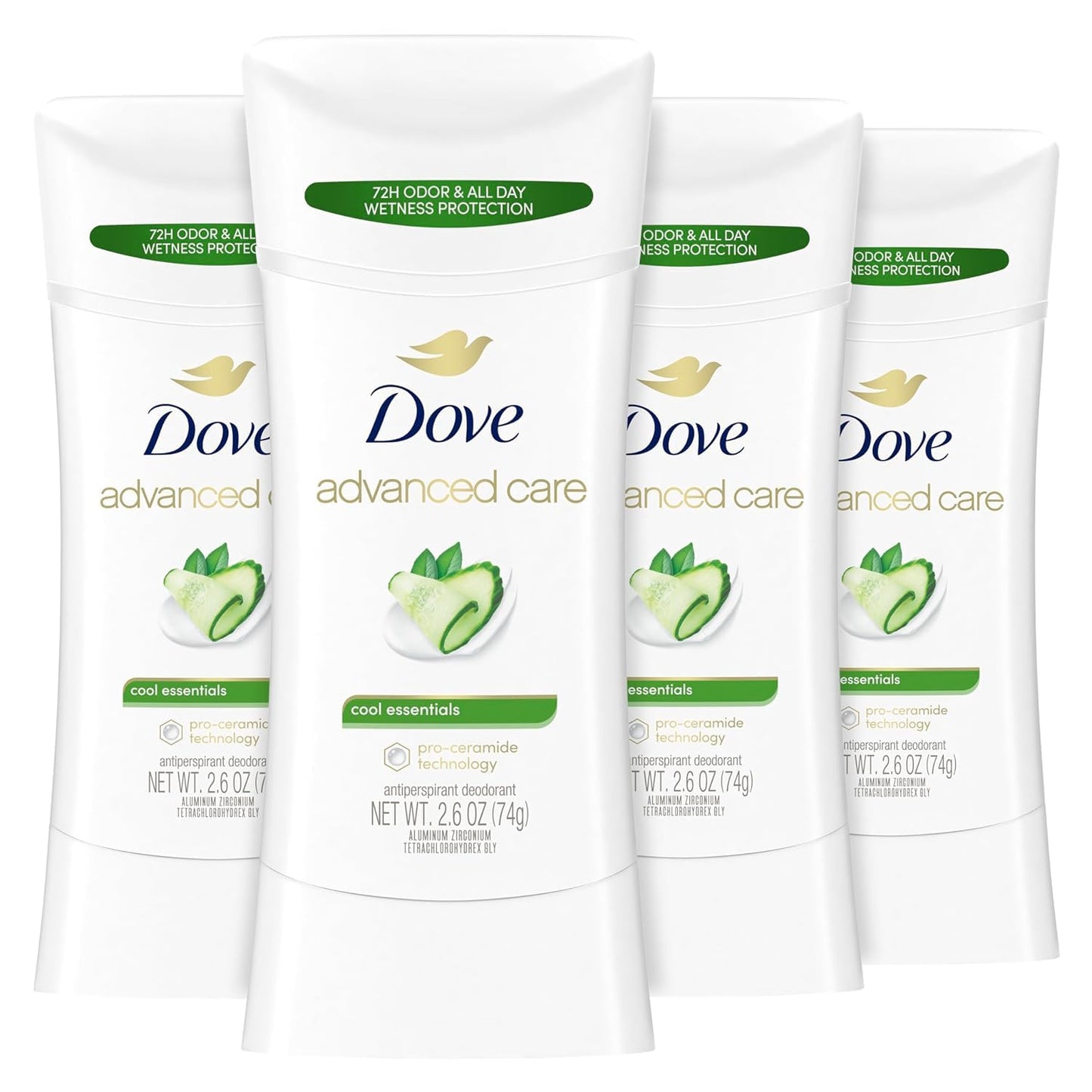 HotDove Advanced Care Antiperspirant Deodorant Stick Cool Essentials 4 ct for helping your skin barrier repair after shaving 72 hour odor control and sweat protection with Pro Ceramide Technology 2.6 oz
