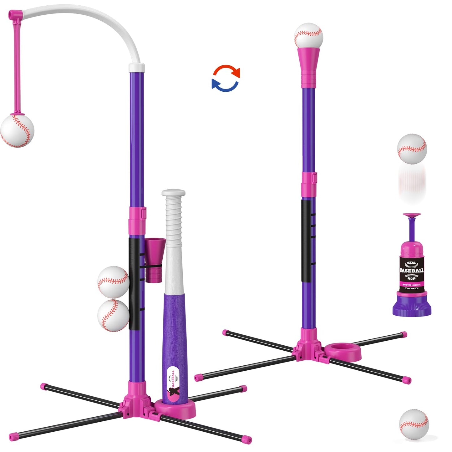 HotHYES 3-in-1 Baseball Set for Kids 3-5 - Tee Ball Stand, Hanging Tee, Ball Launcher and 6 Softballs - Adjustable Height, Indoor/Outdoor Sport Gifts for Boys Girls