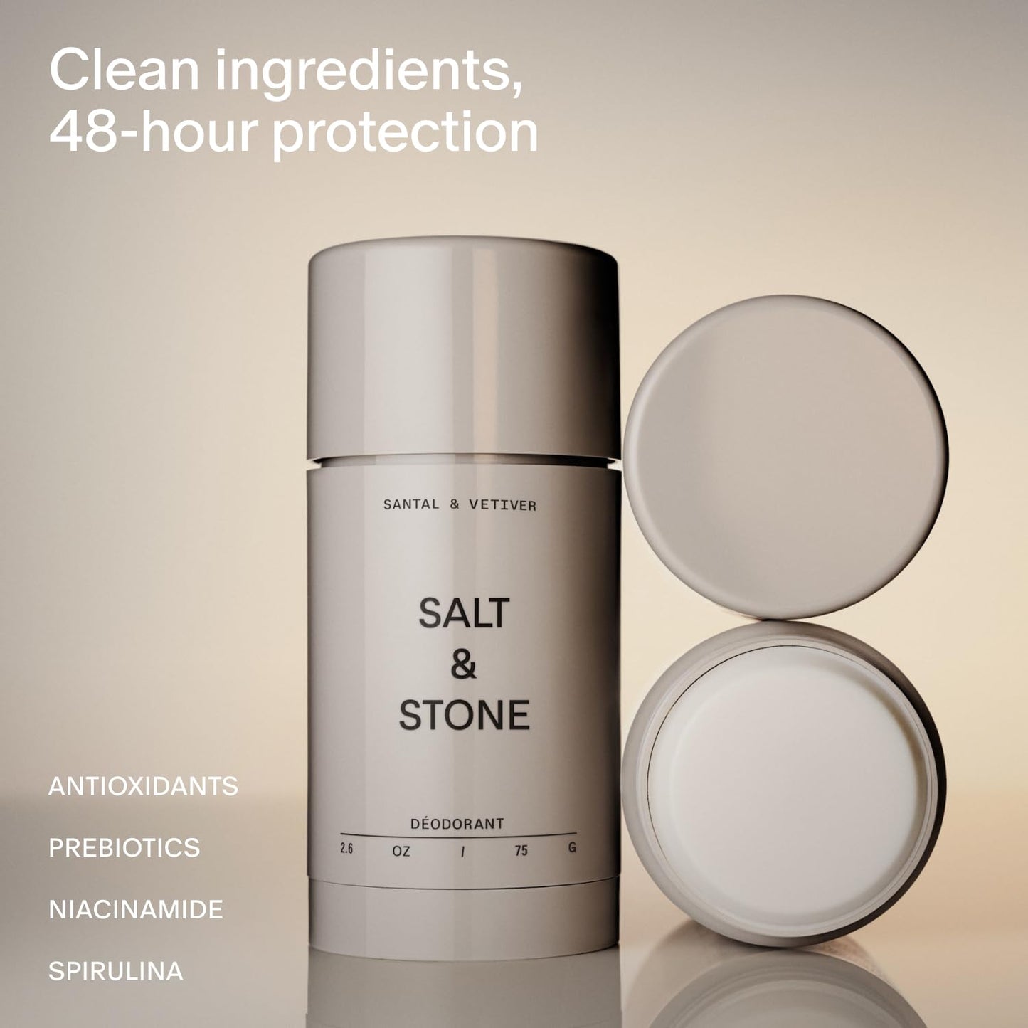 HotSalt & Stone Aluminum-Free Deodorant, Women & Men Santal & Vetiver 2.6 oz | Extra Strength 48 Hour Protection, Gender Neutral Scent, Made with Niacinamide, Spirulina, Magnesium & Antioxidants